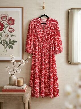 Women's Red Floral Midi Dress with V-Neck and Elastic Waist